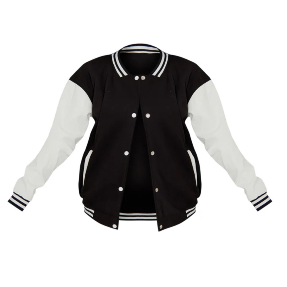 PrettyLittleThing Black Faux Leather Contrast Sleeve Varsity Bomber Jacket